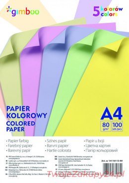 Papier Kolorowy Gimboo A4 100 Arkuszy 80Gsm 5 K...